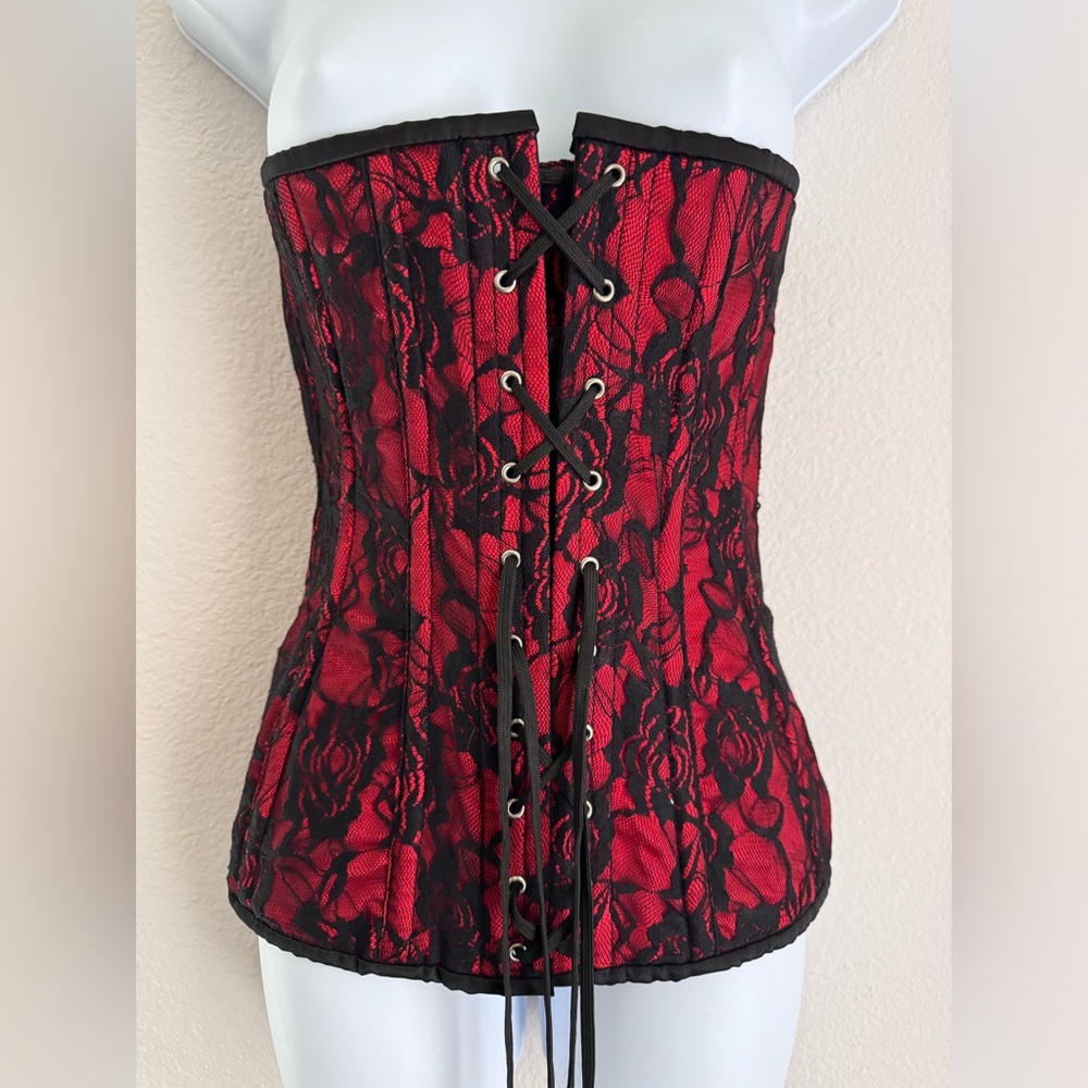 Red & Black Lace Corset Bustier with Front Zipper, Size S